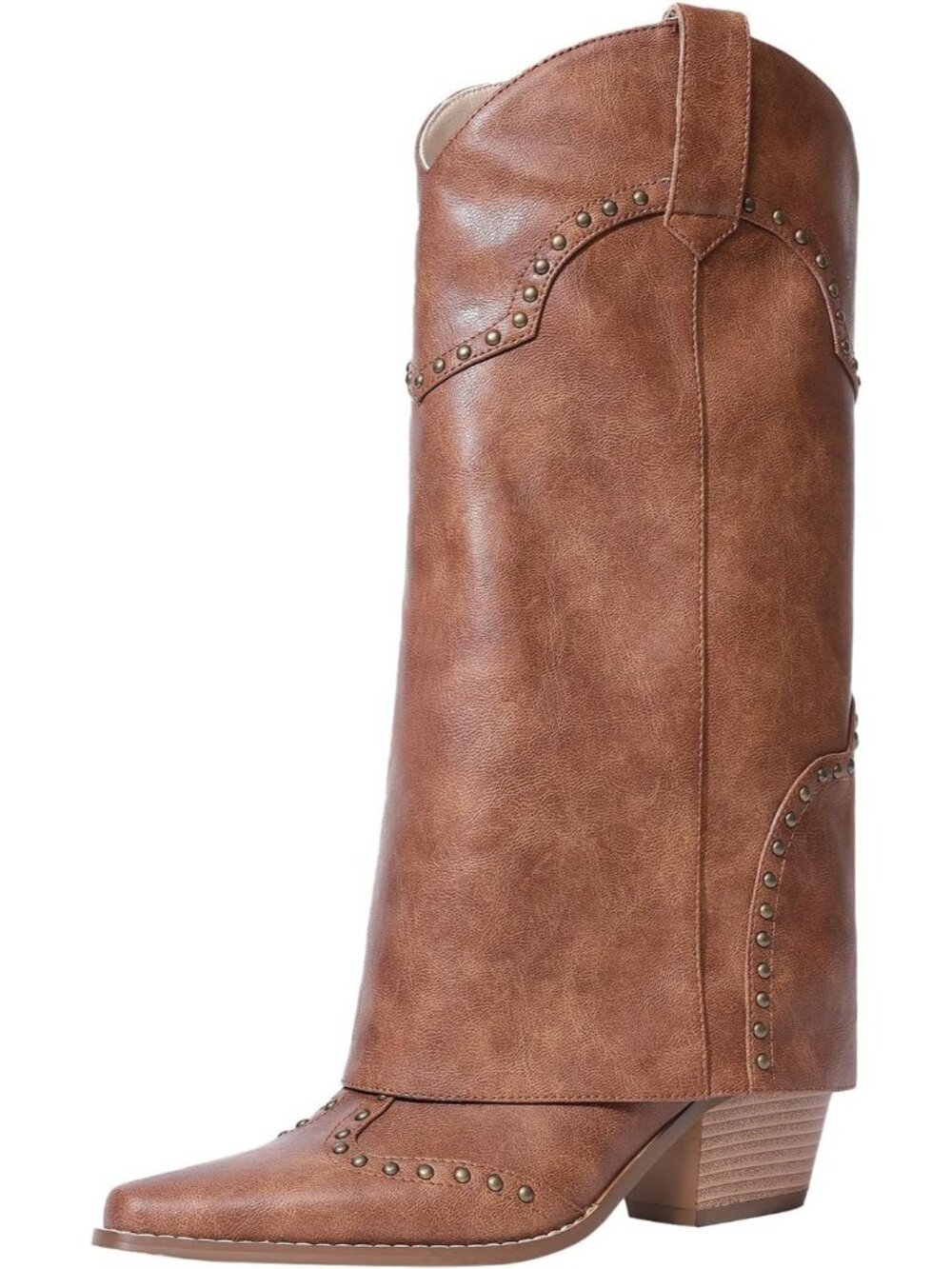 Women Shark Boots Knee High Brown Cowgirl Fold Over Chunky Heel Snip Toe Pull On